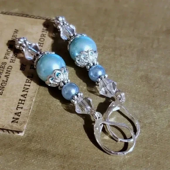 Light Blue Glass Pearl Sterling Silver Plated Handcrafted Dangle Earrings - Picture 7 of 11